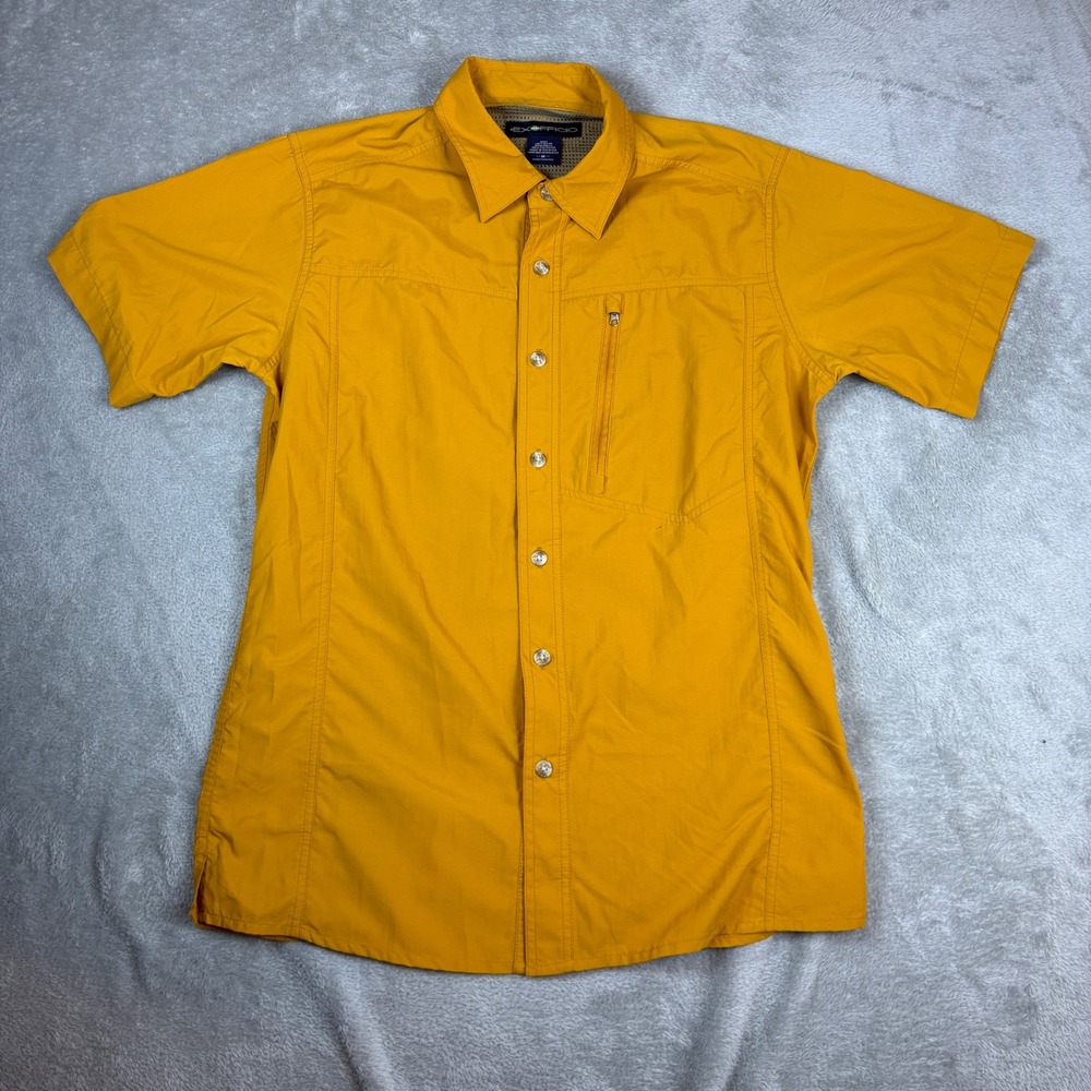 ExOfficio Shirt Mens M Air Strip Hiking Outdoor Short Sleeve Mustard Yellow